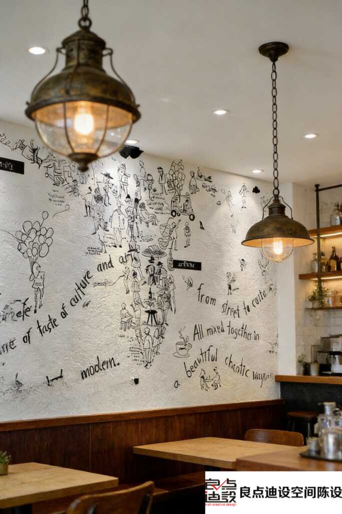 复古灯+手绘墙，这家店的装修软装设计混搭绝了!